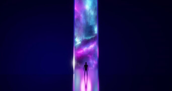 Concept of open mind, mindfulness, a person standing near giant gate door open to the galaxy full of stars. 3D rendering