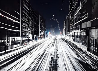 Fototapeta na wymiar The street is empty and the cold air stings my face. The buildings are dark and looming, their windows reflecting the orange glow of the street lamps. A thin layer of snow covers everything, making it