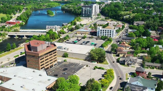Aerial timelapse pan of Cambridge, Ontario, Canada on a beautiful morning 4K
