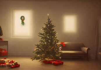 a christmas photorealistic painting, home, interior, new year mood, new year room, christmas interior