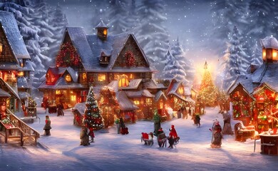 The snow is falling gently on the Christmastime village, coating the roofs of the houses and dusting the evergreen trees. The air is cold and crisp, sending puffs of white breath into the air with eac