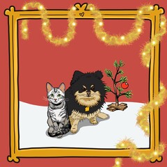 Cartoon inspired Christmas holiday pet portrait illustration hand drawn Pomeranian dog silver gray cat friends sitting together within gold frame lighted garland on snowy background