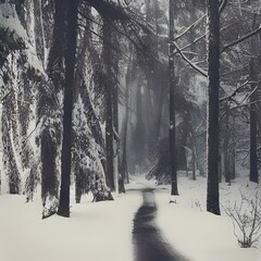 The photo is of a winter forest scene captured on Polaroid film. The trees are dusted with snow and the air is crisp. The photograph has a vintage feel to it, as if it was taken many years ago.
