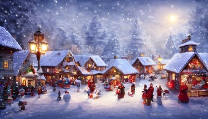 The winter christmas village is a scene of beauty. The snow creates a blanket of white that covers the ground and houses. Christmas lights twinkle on trees and in windows, adding to the festive atmosp