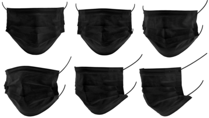 Medical mask or surgical earloop mask isolated on white background with clipping path. Medical mask black color isolated on white background. Doctor mask different viewing angles