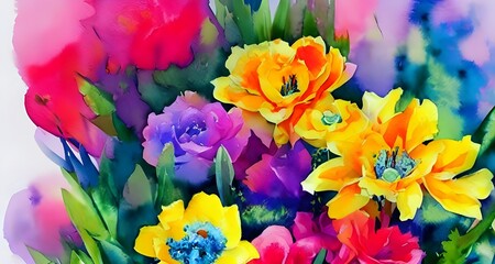 I see a watercolor flower bouquet. The flowers are beautiful and vibrant. The colors are so bright and pretty. I love the way they look together.