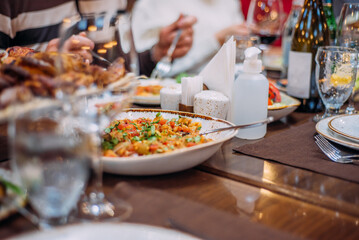 Eating. Table setting. Lunch break in a restaurant.
