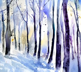 I am standing in the middle of a watercolor winter forest. The trees are tall and thin, with long branches that reach up to the sky. The ground is covered in a thick layer of snow, and the air is cris