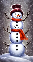 I see a cute snowman made out of snow. He has two coal eyes and a carrot nose. His arms are sticks that cross in the front.