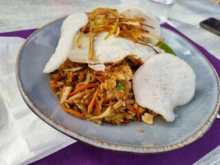 Chicken Nasi Goreng dish at a restaurant. Asian and Thai food.