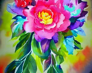 A colorful array of flowers fills the image, each petal and leaf painted with delicate brushstrokes. The blooms range from deep crimson to softest pink, set against a backdrop of evergreen leaves. A s