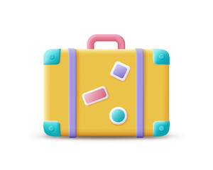 3D luggage, vacation icon. Render yellow suitcase for holiday, tourism, travel, booking and time to travel concept. 3d luggage vector cartoon minimal illustration
