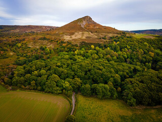 Aerial view of Roseberry Topping a distinctive hill in North Yorkshire, England. It is situated...