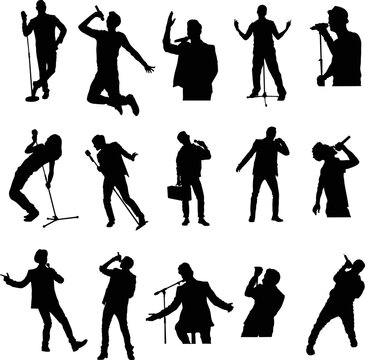 Silhouettes of a male singer performing with different enthusiastic gestures