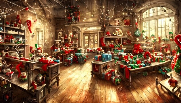 The toy factory is bustling with activity as workers hurry to finish making the Christmas toys. The air is full of the smell of glue and paint, and the sound of hammers pounding nails into wood. There