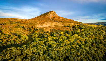 Aerial view of Roseberry Topping a distinctive hill in North Yorkshire, England. It is situated...