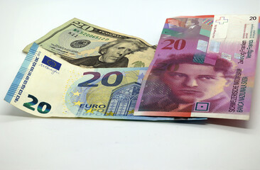 Euro, dollar and Swiss franc banknotes 