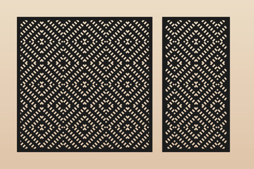 Laser cut pattern. Vector set of modern ethnic ornament, abstract geometric grid. Folk style design. Template for cnc cutting, decorative panels of wood, metal, plastic, paper. Aspect ratio 1:1, 1:2