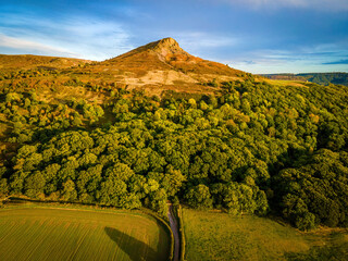 Aerial view of Roseberry Topping a distinctive hill in North Yorkshire, England. It is situated...
