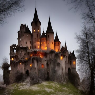 Old castle with cemetery illustration for halloween. Halloween night pictures for wall paper.3D illustration.