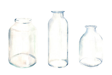 Set of transparent glass bottle, vase, jar of different shapes. Watercolor illustration on white background.