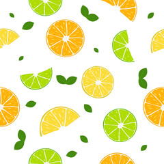 Citrus pattern with slices of lemon lime and orange leaves vector