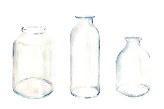 Set of transparent glass bottle, vase, jar of different shapes. Watercolor illustration on white background.
