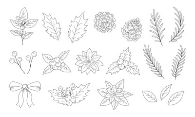 クリスマスの植物イラスト素材セット, 柊の葉っぱや木の実と花, 白背景に黒色の線画.