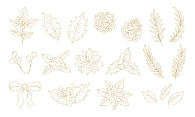 クリスマスの植物イラスト素材セット, 柊の葉っぱや木の実と花, 白背景に金色の線画.