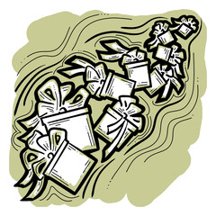 Gift box with bow, hand drawn illustration. Cartoon style drawing. Decorative element for poster print, Christmas party invitation, birthday, wedding celebration, anniversary event, sale discount