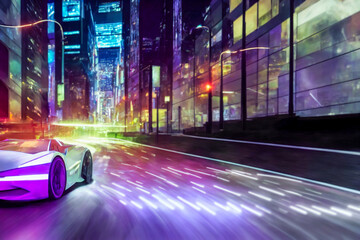 Futuristicc concept sport car in a metaverse city. Neon glowing. 3d
