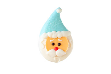 A sweet dessert in the form of a Santa Claus head, with a blue cap, isolated