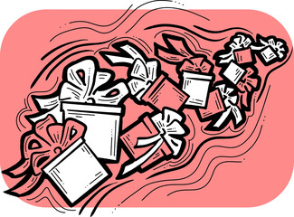 Gift box with bow, hand drawn illustration. Cartoon style drawing. Decorative element for poster print, Christmas party invitation, birthday, wedding celebration, anniversary event, sale discount