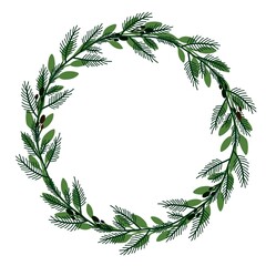 Traditional Christmas Greenery Wreath. Design for invitation, greeting card, packaging and print.