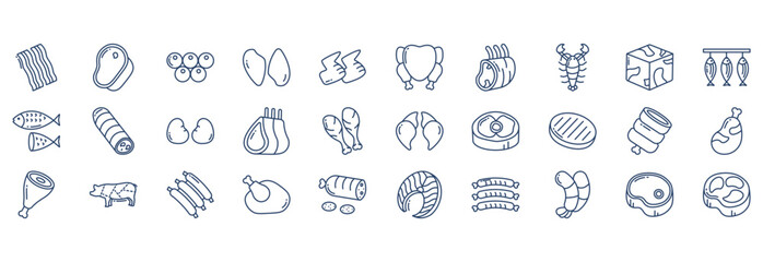 Meat and Non veg food, including icons like Bacon strips, Beef, Caviar, Chicken breast and more. vector illustrations, Pixel Perfect set