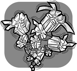 Gift box with bow, hand drawn illustration. Cartoon style drawing. Decorative element for poster print, Christmas party invitation, birthday, wedding celebration, anniversary event, sale discount