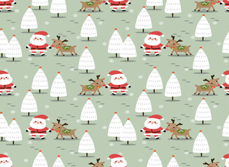 Santa Claus and Reindeer in Christmas Winter Pattern