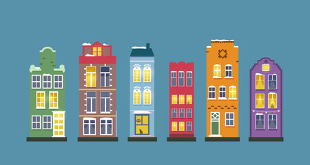 Fototapeta premium Set of winter colorful houses. Christmas comfort