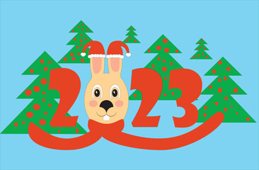 New Year's rabbit in Santa hats with numbers 2023