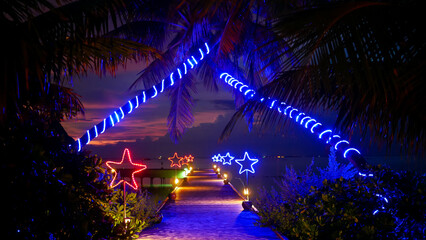 christmas lights on the street, palm trees decorated with illumination, star lighting along the pathway road, celebration of new year holiday at tropical island, visual frame, night view