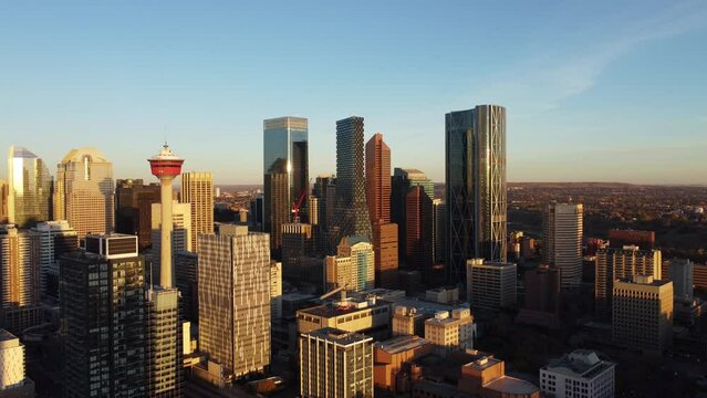 Aerial view of skyscrapers in Calgary during early morning light. 