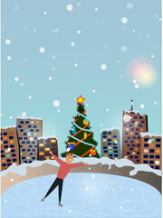 The skater rides on the rink near the New Year tree in winter. New Year's card.