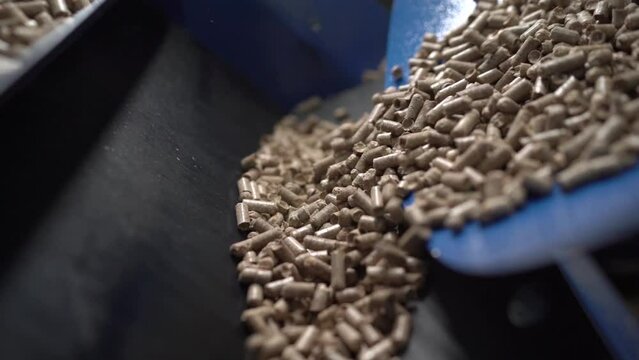Wood fuel pellets fall on cells of delivering conveyor belt