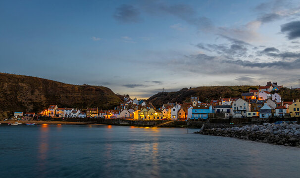 View of Staithes, a seaside village in the borough of Scarborough in North Yorkshire, England