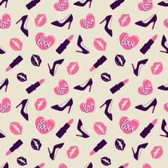 Valentines day seamless pattern. Womens shoes, lipstick, pink heart
