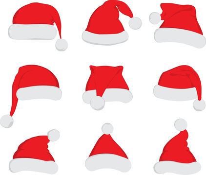 Santa Claus red hat set cut. Santa hat, Santa red hat isolated on white. New Year santa red hat . Santa head hat vector. Santa Christmas hat decoration vector. Cartoon santa cap xmas celebration