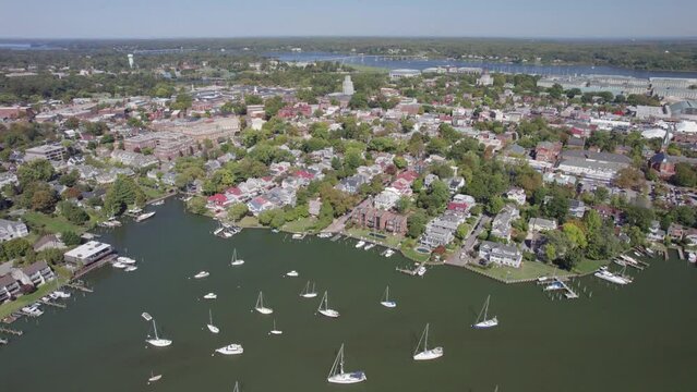 Aerial, drone shot of Annapolis with the harbor and state capitol building view, Maryland