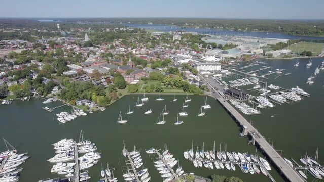 Aerial, drone shot of Annapolis with the harbor and state capitol building view, Maryland