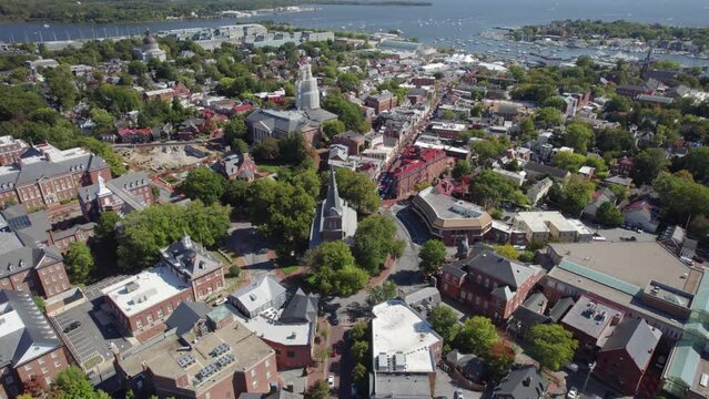 Aerial, drone shot of Annapolis with the state capitol building view, Maryland