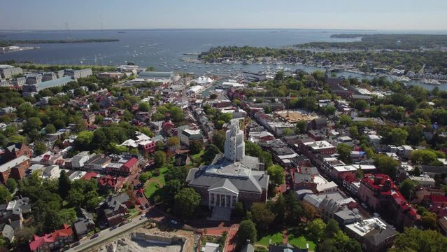 Aerial, drone shot of Annapolis with the state capitol building view, Maryland